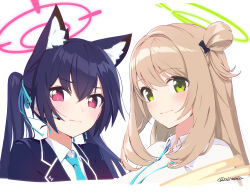 Rule 34 | 2girls, animal ear fluff, animal ears, aqua necktie, aqua ribbon, azumi akitake, blue archive, blush, brown hair, cat ears, closed mouth, commentary request, green eyes, hair ribbon, halo, lanyard, long hair, looking at viewer, multiple girls, necktie, nonomi (blue archive), red eyes, ribbon, serika (blue archive), simple background, smile, twitter username, upper body, white background