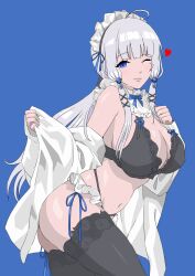 Rule 34 | 1girl, absurdres, azur lane, blue eyes, breasts, cleavage, highres, illustrious (azur lane), lace, large breasts, long hair, looking at viewer, maid, one eye closed, smile, solo, thighs, white hair
