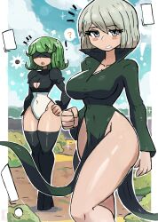 Rule 34 | !, 2b (nier:automata), 2b (nier:automata) (cosplay), 2girls, ?, absurdres, anger vein, angry, black footwear, black leotard, blindfold, blush, boots, breasts, bush, cleavage, cleavage cutout, clothing cutout, cloud, collarbone, confused, cosplay, costume switch, crossover, dress, green dress, green hair, grey eyes, grey hair, hand on own hip, highres, large breasts, leotard, long sleeves, looking at viewer, multiple girls, nier:automata, nier (series), one-punch man, open mouth, puffy sleeves, short hair, side slit, sky, sparkle, speech bubble, spoken question mark, square enix, standing, tatsumaki, tatsumaki (cosplay), teeth, thick thighs, thigh boots, thighs, tony welt, wide hips
