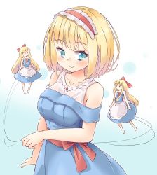 Rule 34 | 3girls, adapted costume, alice margatroid, apron, arnest, bare shoulders, barefoot, blonde hair, blue background, blue dress, blue eyes, blush, bow, breasts, collarbone, commentary request, cowboy shot, dress, gradient background, hair bow, hairband, large breasts, lolita hairband, long hair, looking at viewer, multiple girls, off-shoulder dress, off shoulder, puppet strings, red bow, red hairband, red sash, sash, shanghai doll, short hair, sidelocks, smile, standing, strapless, strapless dress, touhou, very long hair, waist apron, white apron, white background, | |