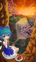 Rule 34 | 3girls, absurdres, akanbe, black dress, black hair, blonde hair, blue dress, blue eyes, blue hair, blurry, bow, bridge, cherry blossoms, cirno, cliff, cloud, collared shirt, cushion, depth of field, dress, eyelid pull, falling petals, fishing, fla, food, forest, from above, fruit, hair bow, hakurei reimu, hakurei shrine, hat, highres, ice, ice wings, kirisame marisa, legs together, looking at viewer, looking back, mountain, multiple girls, nature, orange sky, outdoors, petals, plate, red skirt, reflection, ribbon, river, salt, salt shaker, shirt, silhouette, sitting, sketch, skirt, sky, sleeveless, sleeveless dress, stairs, stream, sunset, tagme, tongue, tongue out, torii, touhou, tree, water, waterfall, watermelon, white shirt, wings, witch hat