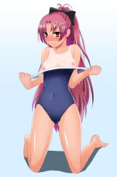 Rule 34 | 10s, 1girl, barefoot, blue background, blue one-piece swimsuit, blush, bow, breasts, clothes pull, collarbone, embarrassed, feet, gradient background, hair bow, hair ornament, hair ribbon, kneeling, kumakichi (cost-lost), long hair, mahou shoujo madoka magica, mahou shoujo madoka magica (anime), navel, nipple slip, nipples, off shoulder, one-piece swimsuit, one-piece swimsuit pull, one-piece tan, ponytail, red eyes, red hair, ribbon, sakura kyoko, solo, strap pull, sweat, swimsuit, tan, tanline, undressing, yellow eyes