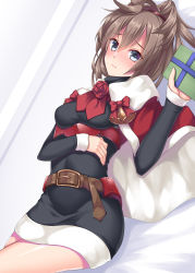 Rule 34 | 1girl, absurdres, bed sheet, bell, belt, belt buckle, blue eyes, blush, box, brown belt, brown hair, buckle, capelet, christmas, closed mouth, flower, gift, gift box, hair between eyes, highres, holding, holding gift, kantai collection, long sleeves, looking at viewer, medium hair, military, military uniform, official alternate costume, red capelet, red flower, red ribbon, red rose, ribbon, rose, ruin re birth, sheffield (kancolle), solo, uniform