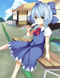Rule 34 | 1girl, ascot, baron (x5qgeh), blue eyes, blue hair, bow, cirno, cloud, day, food, hair bow, hair ribbon, highres, holding, ice, ice wings, looking at viewer, matching hair/eyes, popsicle, ribbon, short hair, sitting, sky, solo, touhou, wings