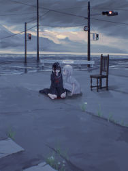 Rule 34 | 2girls, absurdres, black footwear, black hair, black legwear, black serafuku, black skirt, blood, blood on face, blue eyes, chair, cloud, cloud hair ornament, cloudy sky, commentary, concrete, dress, earrings, expressionless, grass, halo, hand on own head, highres, jewelry, long hair, looking at another, multiple girls, neckerchief, original, outdoors, overcast, red eyes, red neckerchief, road sign, sailor collar, sakiika0513, school uniform, scraped knee, serafuku, shoes, short sleeves, sign, sitting, skirt, sky, smile, socks, squatting, traffic light, utility pole, wariza, white dress, white hair