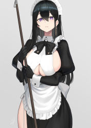 Rule 34 | 1girl, apron, black bow, black bowtie, black dress, black gloves, black hair, blush, bow, bowtie, breasts, classy-black-haired girl (hayabusa), clothing cutout, commentary request, dress, earrings, gloves, grey background, hayabusa, highres, holding, jewelry, large breasts, long hair, long sleeves, looking at viewer, maid, maid headdress, mole, mole on breast, mole under eye, mole under mouth, original, puffy sleeves, purple eyes, revision, side slit, sideboob, simple background, single earring, solo, underboob, underboob cutout, white apron, wrist cuffs