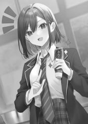 Rule 34 | 1girl, :d, blazer, blurry, blurry background, breasts, character request, collared shirt, depth of field, diagonal-striped clothes, diagonal-striped necktie, greyscale, hair between eyes, hair intakes, hair ornament, hairclip, hamu (plot sy), highres, holding, indoors, jacket, monochrome, necktie, notice lines, open clothes, open jacket, open mouth, plaid, plaid skirt, pleated skirt, pointing, school uniform, shirt, short hair, skirt, small breasts, smile, solo, sparkle, striped clothes, tonari no seki no yankee shimizu-san ga kami wo kuroku somete kita