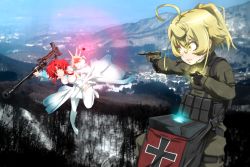 Rule 34 | 2girls, absurdres, ahoge, aiming, anti-materiel rifle, bare shoulders, belt, blonde hair, bow, breasts, cowboy shot, cross, crossover, detached sleeves, dress, female focus, fighting, fighting stance, flying, forest, full body, genya (genya67), glowing, glowing weapon, gun, hair between eyes, handgun, highres, holding, holding gun, holding weapon, huge filesize, iron cross, izetta, looking at another, mauser c96, military, military uniform, mountain, multiple girls, nature, outdoors, outstretched arm, outstretched arms, pointing weapon, red eyes, red hair, revision, rifle, short hair, shuumatsu no izetta, sky, sniper rifle, snow, soldier, spread arms, tanya degurechaff, thighhighs, tree, uniform, weapon, white bow, white detached sleeves, white dress, white legwear, yellow eyes, youjo senki