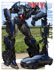 Rule 34 | 1girl, autobot, black lips, blue eyes, bmw, bmw m6, car, commission, gun, hand on own hip, highres, kamitoge supino, leaning forward, looking at viewer, motor vehicle, original, rifle, science fiction, sniper rifle, solo, transformers, vehicle name, watermark, weapon