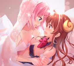 Rule 34 | 2girls, absurdres, ahoge, amedamacon, asymmetrical docking, bare shoulders, bed sheet, blue eyes, blush, bow, breast press, breasts, brown hair, chiyoda momo, cleavage, collarbone, commentary request, couple, cuddling, demon horns, downblouse, dress, eye contact, fang, girl on top, hair ornament, hairclip, highres, holding another&#039;s wrist, horns, long hair, looking at another, lying, machikado mazoku, medium breasts, multiple girls, on back, open mouth, pillow, pink hair, profile, red bow, red eyes, revealing clothes, see-through, sleeveless, sleeveless dress, small breasts, strap slip, sweat, tears, veil, white dress, yoshida yuuko (machikado mazoku), yuri