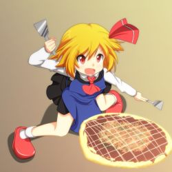 Rule 34 | 1girl, blonde hair, cato (monocatienus), female focus, food, okonomiyaki, rumia, simple background, solo, spatula, touhou