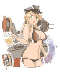 Rule 34 | 10s, 1girl, alternate costume, anchor hair ornament, bare shoulders, bikini, blonde hair, breasts, cleavage, commentary request, german flag, german flag bikini, green eyes, hair ornament, hat, kantai collection, large breasts, long hair, looking at viewer, low twintails, ningen (ningen96), peaked cap, prinz eugen (kancolle), simple background, solo, swimsuit, twintails, white background