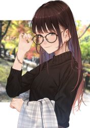 Rule 34 | 1girl, adjusting eyewear, black-framed eyewear, black sweater, blurry, blurry background, blush, brown eyes, brown hair, closed mouth, glasses, hand up, highres, holding, holding clothes, long hair, long sleeves, looking at viewer, mole, mole under eye, original, outdoors, saitou (lynx-shrike), smile, solo, sweater, tree, turtleneck, turtleneck sweater