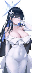 Rule 34 | 1girl, absurdres, black hair, blue archive, blue eyes, blue hair, blush, breasts, choker, cleavage, collarbone, colored inner hair, commentary, dress, elbow gloves, gloves, highres, large breasts, libo (724ml), long hair, looking at viewer, multicolored hair, official alternate costume, parted lips, saori (blue archive), saori (dress) (blue archive), simple background, solo, strapless, strapless dress, white background, white choker, white dress, white gloves