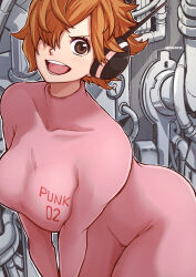Rule 34 | 1girl, adjusting clothes, antennae, aosora2823, arms under breasts, artist name, ass, blush, bodysuit, breasts, breasts squeezed together, brown hair, covered navel, curvy, eyelashes, hair over one eye, highres, large breasts, looking at viewer, machinery, numbered, one piece, open mouth, pink bodysuit, short hair, simple background, skin tight, smile, solo, thick thighs, thighs, vegapunk lilith, wide hips