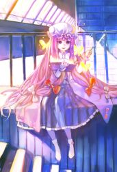 Rule 34 | 1girl, book, bookshelf, bow, bug, butterfly, crescent, female focus, hair bow, hat, highres, bug, long hair, magic, open mouth, patchouli knowledge, purple hair, room, sitting, smile, solo, stairs, touhou, very long hair, wand, window, yellow eyes, zrero