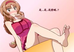 Rule 34 | 1girl, absurdres, arm support, barefoot, blush, braid, breasts, brown eyes, brown hair, d-frag!, embarrassed, feet, finger to mouth, foot focus, hairband, highres, large breasts, leg lift, long hair, sitting, soles, takao (d-frag!), toes, translated