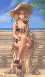 Rule 34 | 1girl, bare shoulders, beach, bikini, blonde hair, blue hair, blue nails, blue sky, bow, breasts, brown bikini, cleavage, collarbone, crossed legs, fire emblem, fire emblem: three houses, fire emblem heroes, frilled bikini, frills, front-tie top, grin, hair bow, hat, highres, large breasts, mercedes von martritz, mercedes von martritz (summer), nail polish, nintendo, official alternate costume, outdoors, palm tree, sandals, sarong, see-through, shadow, signature, sitting, sky, smile, solo, stormstx, straw hat, sun hat, swimsuit, toenail polish, toenails, tree