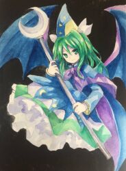 Rule 34 | 1girl, bat wings, black background, blue cape, blue dress, blue headwear, blue wings, bow, bowtie, cape, closed mouth, commentary request, crescent, dress, frilled dress, frills, green eyes, green hair, holding, holding scepter, kaigen 1025, long hair, long sleeves, mima (touhou), pointy hat, purple bow, purple bowtie, purple trim, scepter, simple background, smile, solo, touhou, touhou (pc-98), two-sided cape, two-sided fabric, wings