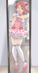 Rule 34 | 1girl, blush, bow, breasts, cellphone, choker, commentary request, contrapposto, detached sleeves, dress, full body, gloves, green eyes, hair bow, hair bun, hand on own hip, high heels, highres, holding, holding phone, indoors, love live!, love live! nijigasaki high school idol club, medium breasts, mirror, phone, pink bow, pink choker, pink dress, pink footwear, pink hair, puffy detached sleeves, puffy sleeves, short hair, single side bun, smartphone, solo, standing, taking picture, tetopetesone, thighhighs, uehara ayumu, white gloves, white sleeves, white thighhighs, yume e no ippo