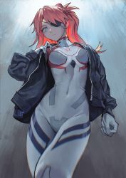 Rule 34 | 1girl, artist request, blue eyes, bodysuit, breasts, covered navel, curvy, evangelion: 3.0+1.0 thrice upon a time, eyepatch, gradient background, gradient hair, grey background, highres, long hair, looking at viewer, medium breasts, multicolored hair, neon genesis evangelion, plugsuit, rebuild of evangelion, shiny clothes, skin tight, solo, souryuu asuka langley, standing, twintails, upper body, white bodysuit