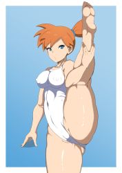 Rule 34 | 1girl, ass, asymmetrical hair, barefoot, blue eyes, blush, breasts, cameltoe, covered erect nipples, covered navel, creatures (company), curvy, flexible, game freak, highres, leg up, legs, looking at viewer, medium breasts, misty (pokemon), navel, nintendo, nipples, orange hair, oryutoo, plump, pokemon, pokemon hgss, pokemon rgby, ponytail, pussy, shiny skin, side ponytail, smile, split, standing, standing on one leg, standing split, swimsuit, thick thighs, thighs, v