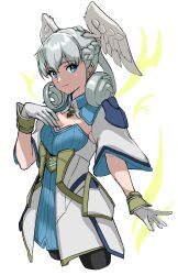 Rule 34 | 1girl, black pantyhose, blue dress, blue eyes, braid, breasts, cleavage, closed mouth, commentary request, cowboy shot, cropped legs, dress, feathered wings, gloves, grey hair, hair between eyes, hand up, head wings, highres, karian909, looking at viewer, melia antiqua, pantyhose, simple background, small breasts, smile, solo, white background, white gloves, white wings, wings, xenoblade chronicles (series), xenoblade chronicles 1