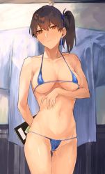 Rule 34 | 1girl, arm behind back, arm under breasts, bikini, blue bikini, blush, breasts, brown eyes, brown hair, closed mouth, clothes hanger, fukazaki, hair ribbon, highres, kaga (kancolle), kantai collection, large breasts, medium breasts, micro bikini, ponytail, ribbon, side ponytail, solo, swimsuit