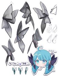 Rule 34 | 1girl, ahoge, black bow, bow, chibi, cropped head, drill hair, green eyes, green hair, gwen (league of legends), hair bow, hair ornament, iorisu, league of legends, long hair, low twintails, solo, thinking, translation request, twin drills, twintails