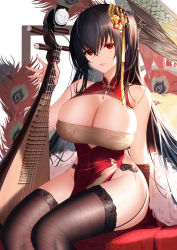 Rule 34 | 1girl, absurdres, an yasuri, azur lane, bare shoulders, black hair, black thighhighs, blush, breasts, china dress, chinese clothes, cleavage, cleavage cutout, clothing cutout, crossed bangs, dress, hair ornament, highres, large breasts, long hair, looking at viewer, official alternate costume, open mouth, parted lips, peacock feathers, pipa (instrument), red dress, red eyes, sitting, smile, solo, taihou (azur lane), taihou (phoenix&#039;s spring song) (azur lane), thighhighs, thighs