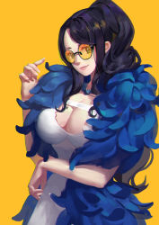 Rule 34 | 1girl, black-framed eyewear, black hair, breasts, cleavage, cleavage cutout, clothing cutout, dress, duzie e, feather boa, glasses, high ponytail, highres, large breasts, lips, long hair, looking at viewer, nico robin, one piece, one piece film: gold, ponytail, sidelocks, simple background, smile, solo, sunglasses, tinted eyewear, upper body, wavy hair, yellow-tinted eyewear, yellow-tinted glasses, yellow background