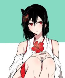 Rule 34 | 10s, 1girl, asakawa (outeq), bad id, bad twitter id, bare shoulders, black hair, breasts, collarbone, detached sleeves, flower, hair ornament, japanese clothes, kantai collection, looking at viewer, nontraditional miko, red eyes, short hair, simple background, sitting, solo, yamashiro (kancolle)