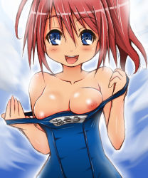 Rule 34 | 1girl, asou yui, bare shoulders, blue eyes, blush, breasts, happy, highres, naz (garyuuya), nipple slip, nipples, one-piece swimsuit, open mouth, original, red hair, school swimsuit, short hair, smile, solo, swimsuit, undressing