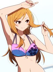 1girl arm_up armpits bare_shoulders bikini blush breasts brown_hair cleavage closed_mouth collarbone dot_nose earrings floral_print halterneck hand_up heart heart_earrings hibiscus_print holding holding_own_hair idolmaster idolmaster_million_live! idolmaster_million_live!_theater_days jewelry kidachi large_breasts long_hair looking_at_another momose_rio nail_polish navel necklace pink_nails print_bikini purple_bikini simple_background smile solo star_(symbol) star_necklace swimsuit white_background