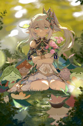 Rule 34 | 1girl, 6+others, aranara (genshin impact), bare shoulders, blurry, blurry background, blurry foreground, bracelet, bush, cape, chinese commentary, closed mouth, commentary request, cross-shaped pupils, crossed arms, dappled sunlight, dress, floating hair, flower, genshin impact, gradient hair, grass, green cape, green eyes, green hair, hair between eyes, hair ornament, highres, holding, holding flower, jewelry, lizi (st3648), long hair, looking at viewer, multicolored hair, multiple others, nahida (genshin impact), off-shoulder dress, off shoulder, on grass, outdoors, pink flower, pink rose, pointy ears, rose, short sleeves, sitting, smile, stirrup footwear, sunlight, symbol-shaped pupils, toeless footwear, tree, wariza, white dress, white footwear, white hair