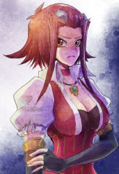 Rule 34 | 1girl, breasts, brown eyes, choker, cleavage, elbow gloves, gloves, izayoi aki, jewelry, large breasts, long hair, necklace, raijin-bh, red hair, short hair with long locks, solo, yu-gi-oh!, yu-gi-oh! 5d&#039;s