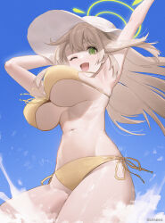 Rule 34 | 1girl, :d, arm up, armpits, bikini, blonde hair, blue archive, blue sky, breasts, chilakkk, green eyes, green halo, halo, hat, highres, large breasts, light brown hair, long hair, looking at viewer, navel, nonomi (blue archive), nonomi (swimsuit) (blue archive), official alternate costume, open mouth, outdoors, side-tie bikini bottom, sky, smile, solo, sun hat, swimsuit, white hat, yellow bikini