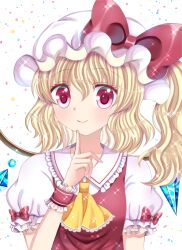 Rule 34 | 1girl, amiguri, ascot, blonde hair, bow, breasts, closed mouth, collared shirt, crystal, finger to mouth, flandre scarlet, frilled shirt collar, frills, hair between eyes, hat, hat bow, lace-trimmed ascot, large bow, light smile, looking at viewer, medium hair, mob cap, one side up, puffy short sleeves, puffy sleeves, red bow, red eyes, red vest, shirt, short sleeves, simple background, small breasts, solo, touhou, upper body, vest, white background, white hat, white shirt, wings, wrist cuffs, yellow ascot