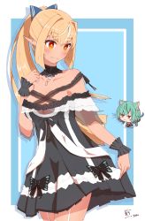 Rule 34 | 1girl, absurdres, angry, bare shoulders, black choker, black dress, blonde hair, blush, bow, breasts, chibi, chibi inset, choker, cleavage, collarbone, dark-skinned female, dark skin, dress, dress bow, elf, frilled dress, frilled straps, frills, garter straps, hair bow, hair intakes, hand up, high ponytail, highres, hololive, long hair, looking to the side, medium breasts, multicolored hair, no bra, off-shoulder dress, off shoulder, pointy ears, see-through, see-through sleeves, sen (sen42724788), shiranui flare, short dress, short sleeves, skirt hold, smile, solo focus, streaked hair, uruha rushia, uruha rushia (3rd costume), virtual youtuber, white garter straps, wristband