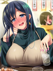 Rule 34 | 2girls, alternate hairstyle, beige dress, black hair, blue eyes, blurry, blush, breast rest, breasts, chopsticks, commentary request, depth of field, drunk, earrings, food, glass, green sweater, hair down, highres, hiryuu (kancolle), ice, ice cube, jewelry, kantai collection, large breasts, militia minpei, multiple girls, nose blush, official alternate costume, open mouth, solo focus, souryuu (kancolle), sweater, turtleneck, upper body