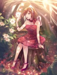 Rule 34 | 1girl, akiyoshi (tama-pete), bare shoulders, breasts, brown eyes, brown hair, cleavage, dress, flower, full body, hairband, headphones, headset, high heels, holding, holding flower, meiko (vocaloid), microphone, nail polish, no socks, open mouth, outdoors, pumps, red dress, red footwear, red nails, shoes, short hair, sidelocks, sitting, sleeveless, sleeveless dress, smile, solo, tree stump, vocaloid, white flower, winding key, wrist cuffs