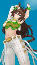 Rule 34 | 1girl, animal ears, arm strap, atyattyan, blue background, blush, bow, breasts, brown hair, choker, commentary request, crop top, giorno giovanna&#039;s pose (jojo), green bow, green eyes, green shirt, grin, groin, hair between eyes, hat, hat bow, highres, horse ears, horse girl, jacket, jojo pose, long hair, long sleeves, looking at viewer, medium breasts, midriff, mini hat, mini top hat, mr. c.b. (umamusume), navel, open clothes, open jacket, outside border, pants, shirt, simple background, single bare shoulder, single sleeve, smile, solo, stomach, strapless, strapless shirt, tail, top hat, umamusume, very long hair, white hat, white jacket, white pants, wrist cuffs, yellow choker