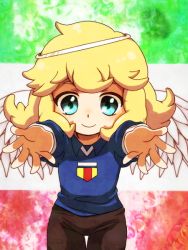 Rule 34 | 1boy, angelo cabrini, blonde hair, blue eyes, child, happy, inazuma eleven, inazuma eleven (series), looking at viewer, male focus, mei (meiponu), smile, solo, trap, wings