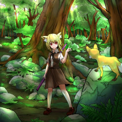 Rule 34 | 1girl, animal ear fluff, animal ears, asymmetrical hair, belt, black belt, black bow, black bowtie, blonde hair, bow, bowtie, breasts, brown footwear, brown skirt, brown vest, bush, canopy (forest), closed mouth, collared shirt, commentary request, cookie (touhou), day, forest, fox, fox ears, fox girl, fox shadow puppet, fox tail, full body, grass, hair between eyes, highres, holding, holding pole, looking at animal, medium hair, miramikaru riran, moss, nature, outdoors, pole, red eyes, rock, shirt, shoes, short sleeves, sidelocks, skirt, small breasts, smile, solo, standing, tail, tree, vest, white shirt, yan pai