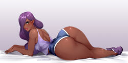 Rule 34 | 1girl, ass, ass focus, back, bed sheet, black eyeliner, blue shorts, breasts, camisole, commentary, cutoffs, dark-skinned female, dark skin, denim, denim shorts, elf-san wa yaserarenai., english commentary, eure (elf-san wa yaserarenai), eyeliner, eyeshadow, from behind, full body, high-waist shorts, highres, huge ass, huge breasts, kneepits, legs together, lipstick, long hair, looking at viewer, looking back, lying, makeup, narrow waist, no bra, nofuture, on side, paid reward available, pink lips, pointy ears, purple camisole, purple eyeshadow, purple footwear, purple hair, shoes, shorts, shoulder blades, sneakers, solo, thick eyebrows, thick thighs, thighs, underbutt, yellow eyes