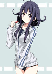 Rule 34 | 10s, 1girl, ahoge, alternate costume, black hair, hair flaps, hirayama (hirayamaniwa), holding, jacket, kantai collection, long hair, looking at viewer, purple eyes, school swimsuit, smile, solo, swimsuit, swimsuit under clothes, taigei (kancolle), track jacket, whistle