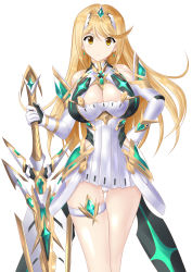 Rule 34 | 1girl, absurdres, aegis sword (xenoblade), bare legs, bare shoulders, blonde hair, breasts, chest jewel, cleavage, cleavage cutout, clothing cutout, dress, earrings, elbow gloves, gloves, highres, jewelry, large breasts, long hair, mythra (xenoblade), nintendo, short dress, solo, swept bangs, thigh strap, tiara, very long hair, white dress, white footwear, white gloves, xenoblade chronicles (series), xenoblade chronicles 2, yakkey, yellow eyes