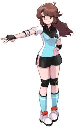 Rule 34 | 1girl, ahoge, arm behind back, black gloves, black shorts, blue shirt, blue socks, brown eyes, brown hair, creatures (company), ffccll, fingerless gloves, full body, game freak, gloves, highres, leaf (pokemon), looking at viewer, nintendo, pokemon, pokemon frlg, shirt, short shorts, shorts, simple background, socks, solo, sportswear, standing, uniform, white background, white footwear