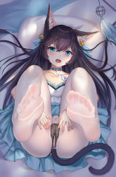 Rule 34 | 1girl, absurdres, anal, anal object insertion, anal tail, animal ear fluff, animal ears, aqua eyes, bare shoulders, bed, bed sheet, bell, black hair, black panties, blue choker, blue dress, blue ribbon, blue skirt, blush, breasts, butt plug, cat ears, cat girl, cat tail, chinese commentary, choker, cleavage, cleft of venus, collarbone, commentary request, dress, eyelashes, eyeliner, fake tail, feet, fingernails, foot focus, foreshortening, glint, hair bell, hair between eyes, hair ornament, hair ribbon, highres, hong bai, indoors, jingle bell, lace, lace panties, legs, legs up, long fingernails, long hair, looking at viewer, lying, makeup, mascara, medium breasts, nail polish, no shoes, object insertion, on back, on bed, open mouth, original, panties, pantyhose, pillow, pink nails, ribbon, sex toy, shirt, short sleeves, sidelocks, skirt, skirt set, slit pupils, small breasts, soles, solo, strapless, strapless dress, tail, teeth, toe scrunch, toenails, toes, two-tone dress, two side up, underwear, upper teeth only, very long hair, white dress, white pantyhose, white shirt, wind chime