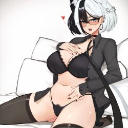 Rule 34 | 1girl, animal ears, black bra, black choker, black hair, black nails, blush, bra, braid, breasts, choker, collared shirt, ear piercing, extra ears, female pubic hair, glasses, hair between eyes, hand on own chest, heart, highres, large breasts, leash, long sleeves, looking at viewer, melisa (varniskarnis), mole, mole under eye, multicolored hair, navel, no shoes, on bed, open clothes, open mouth, open shirt, original, piercing, pillow, pubic hair, pubic hair peek, shirt, short hair, sitting, solo, stomach, thighhighs, two-tone hair, underwear, varniskarnis, viewer holding leash, white background, white hair